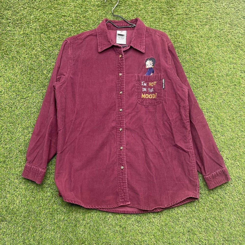 Vintage Betty Boop Shirt Womens 14/16 Burgundy Corduroy Button Down Long Sleeve